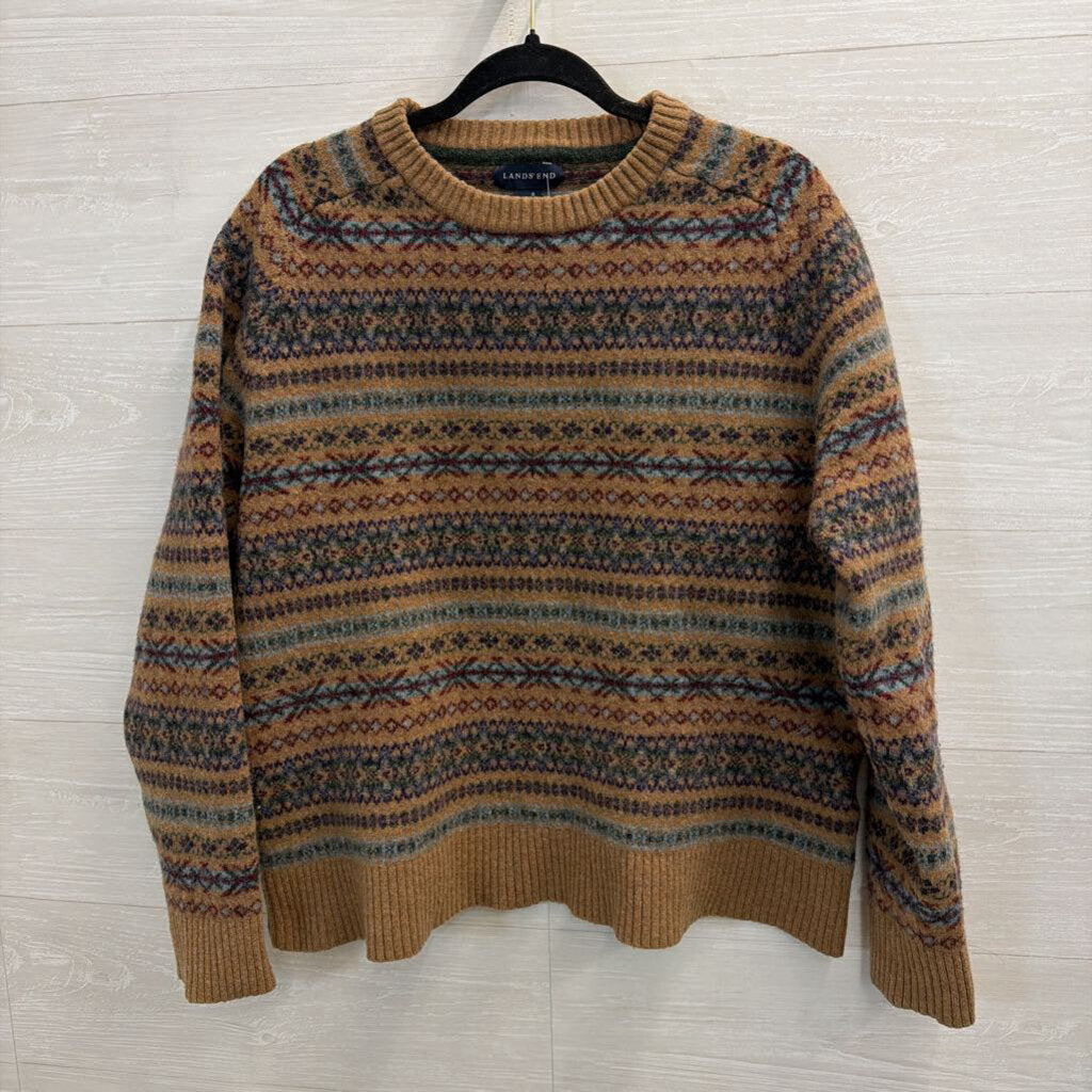 Lands End Brown/ Multi Print Knit Sweater XXL