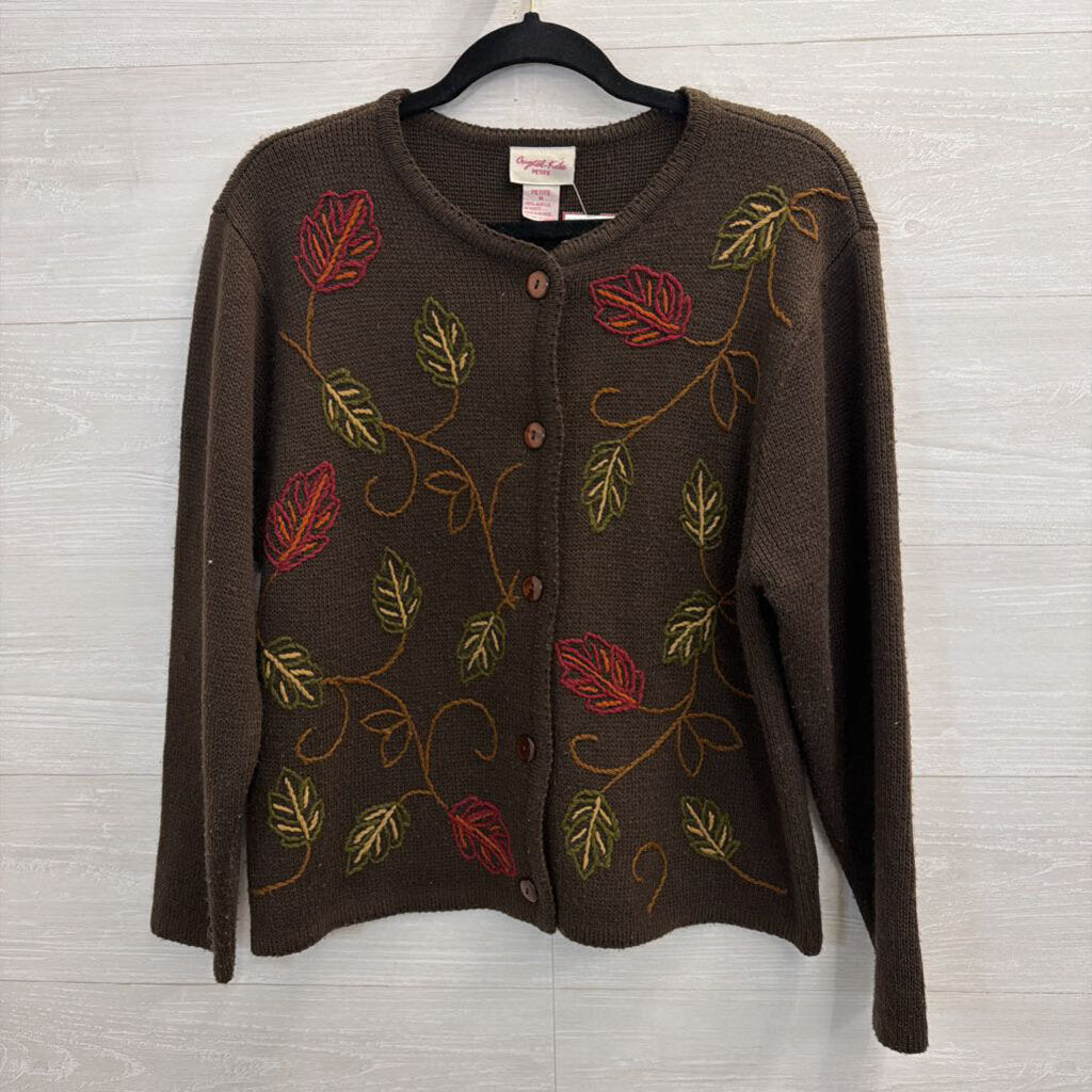 Vintage Crystal Kobe Brown Embroidered Leaves Cardigan Sweater Medium Petite