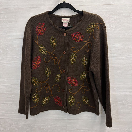 Vintage Crystal Kobe Brown Embroidered Leaves Cardigan Sweater Medium Petite
