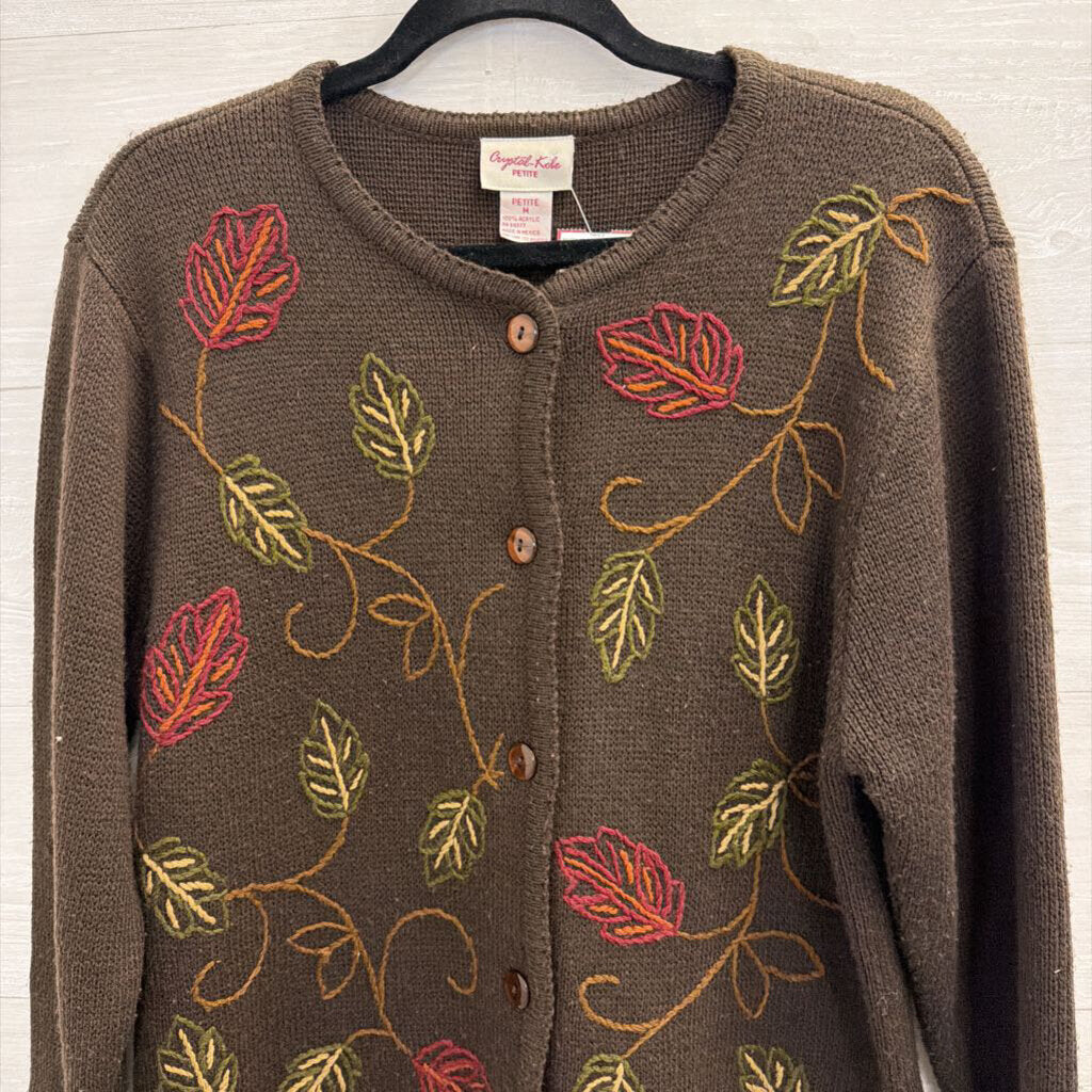Vintage Crystal Kobe Brown Embroidered Leaves Cardigan Sweater Medium Petite