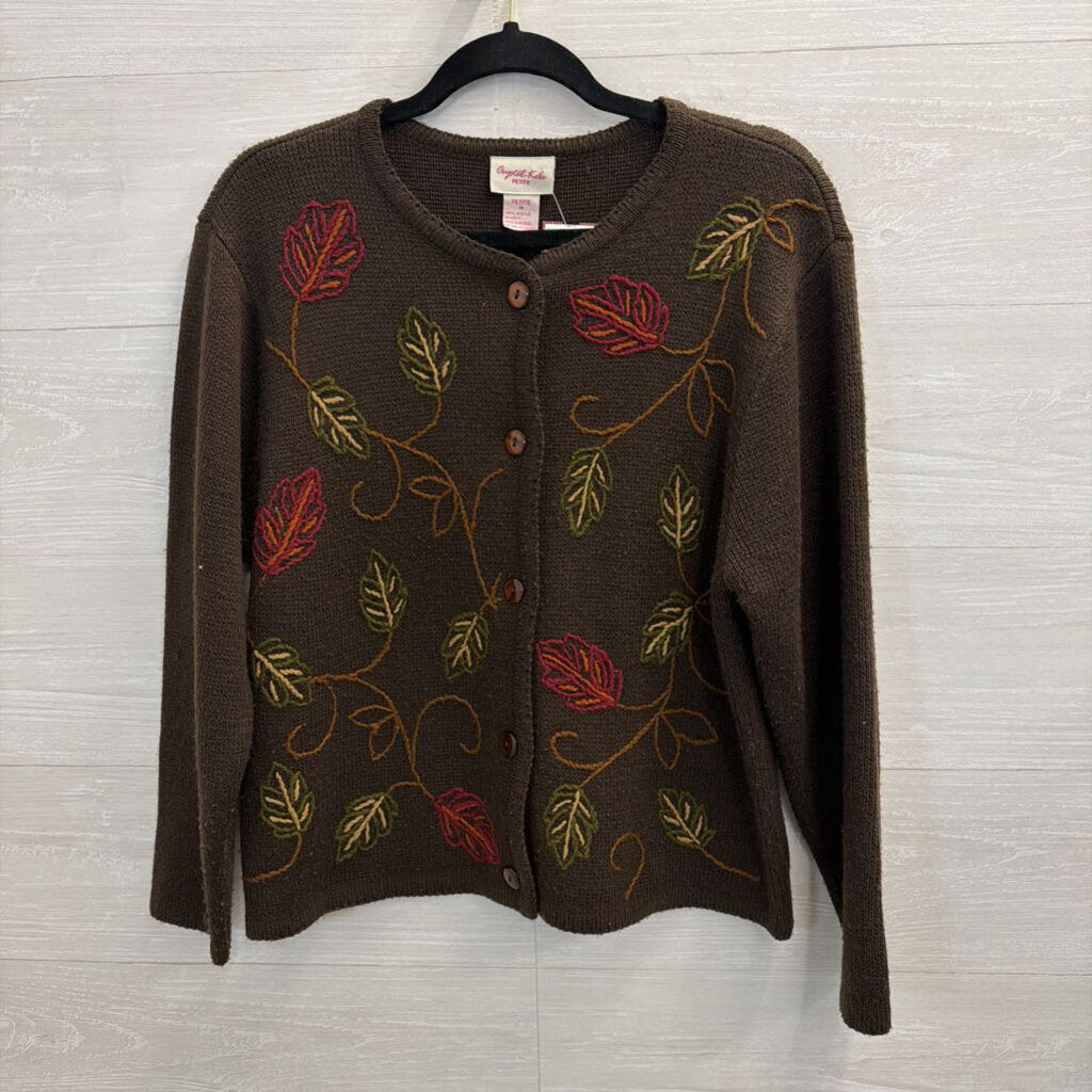 Vintage Crystal Kobe Brown Embroidered Leaves Cardigan Sweater Medium Petite