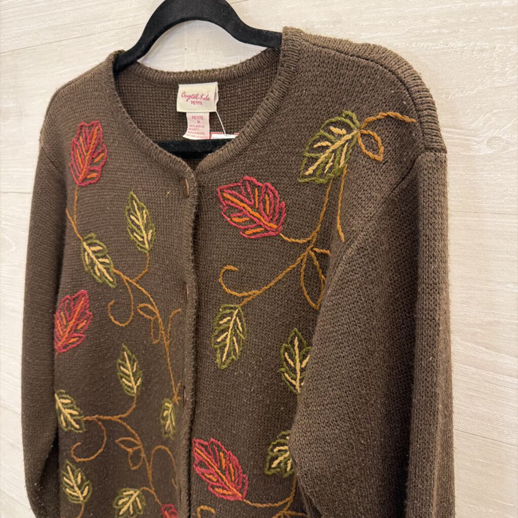 Vintage Crystal Kobe Brown Embroidered Leaves Cardigan Sweater Medium Petite