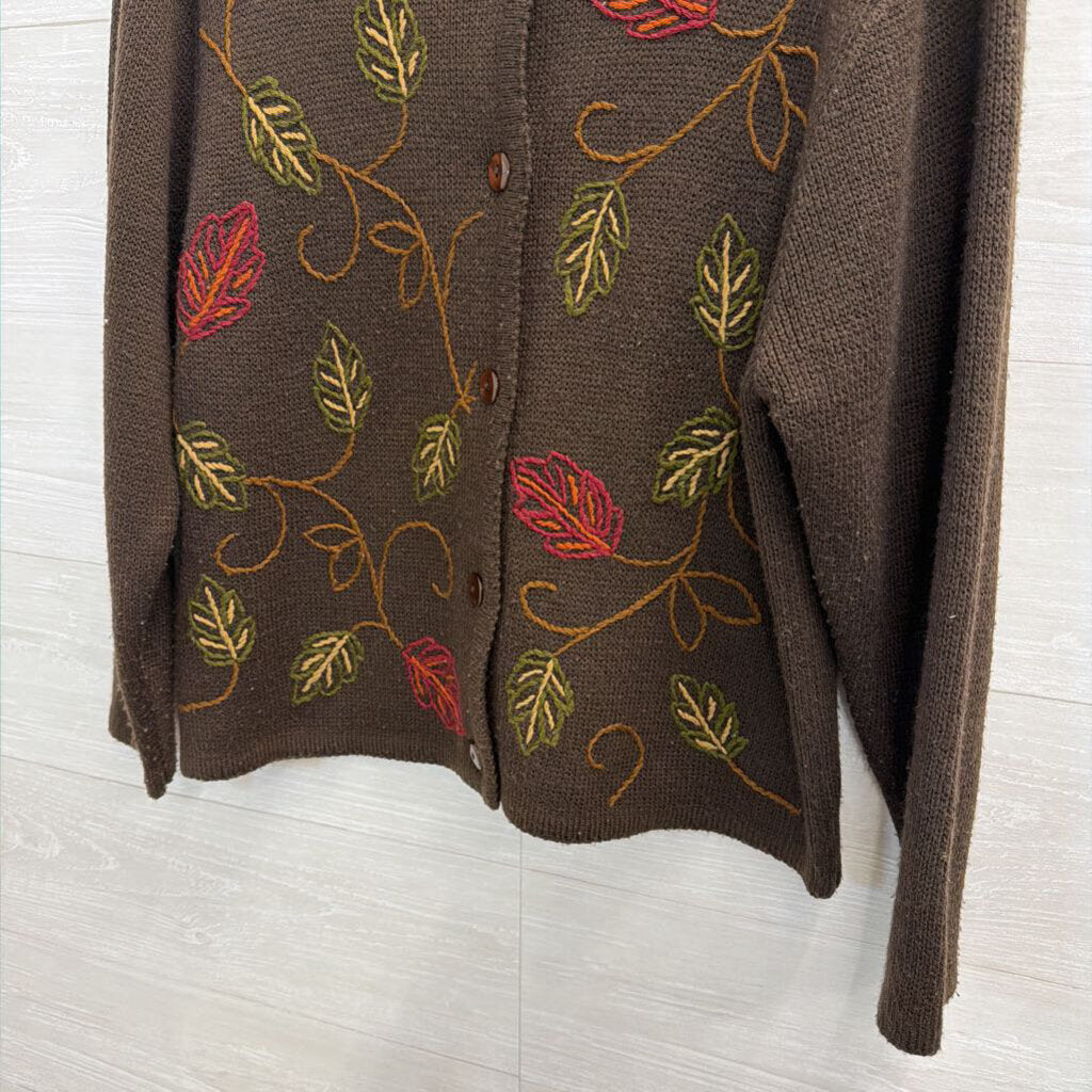 Vintage Crystal Kobe Brown Embroidered Leaves Cardigan Sweater Medium Petite