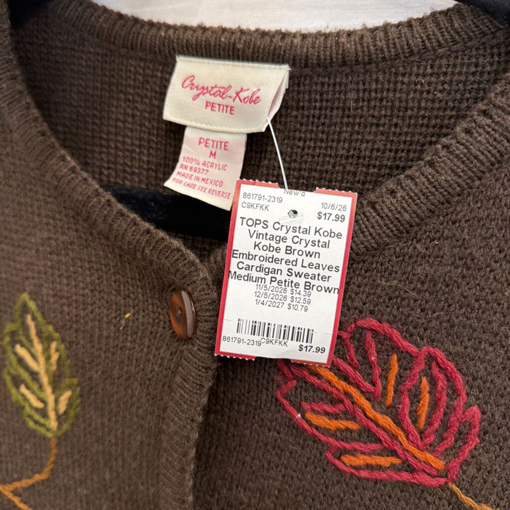 Vintage Crystal Kobe Brown Embroidered Leaves Cardigan Sweater Medium Petite