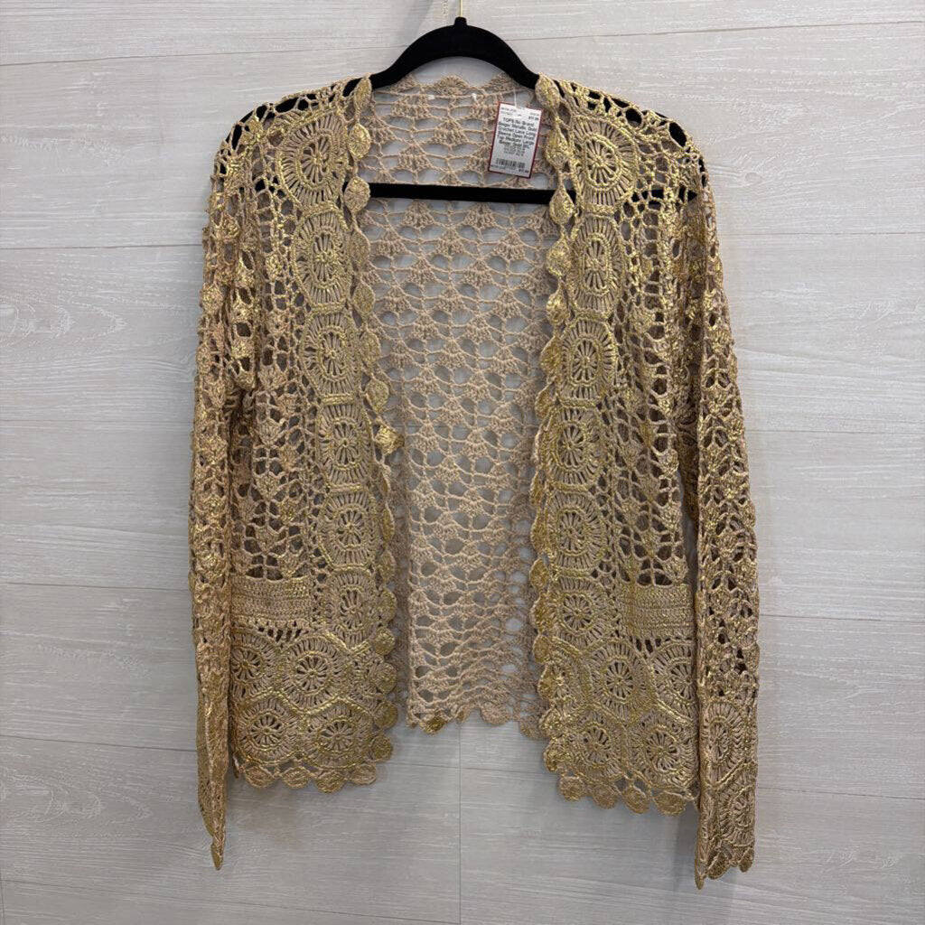 Beige/ Metallic Gold Crochet Lace Long Sleeve Open Front Top Medium/ Large