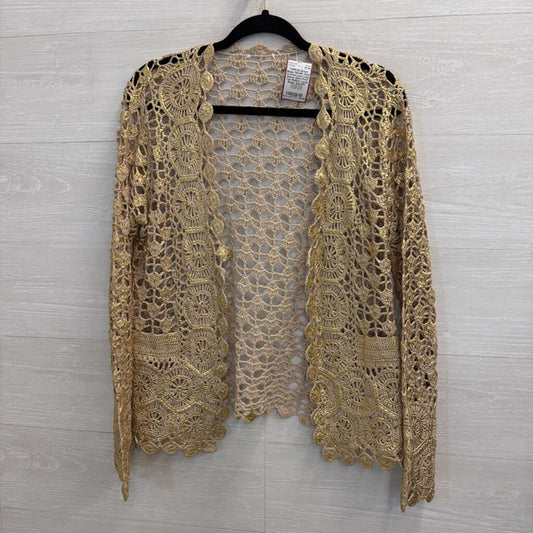 Beige/ Metallic Gold Crochet Lace Long Sleeve Open Front Top Medium/ Large