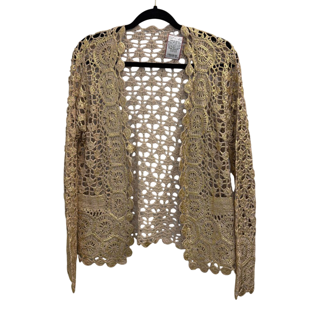 Beige/ Metallic Gold Crochet Lace Long Sleeve Open Front Top Medium/ Large