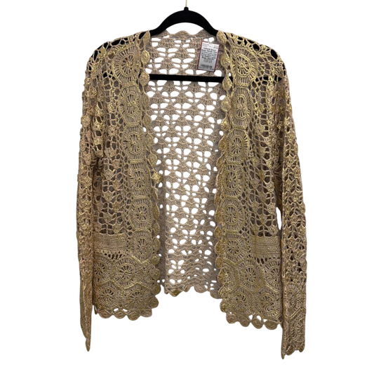 Beige/ Metallic Gold Crochet Lace Long Sleeve Open Front Top Medium/ Large