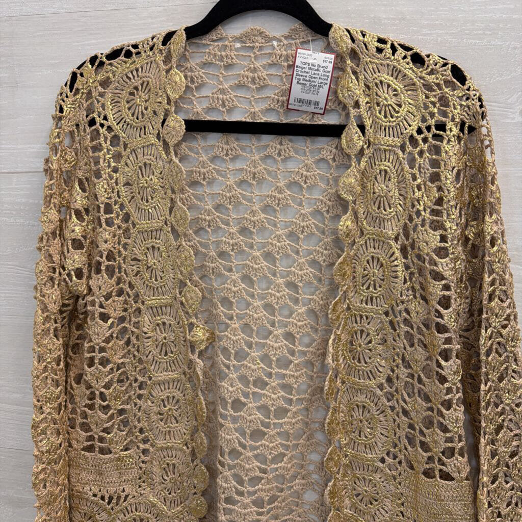 Beige/ Metallic Gold Crochet Lace Long Sleeve Open Front Top Medium/ Large
