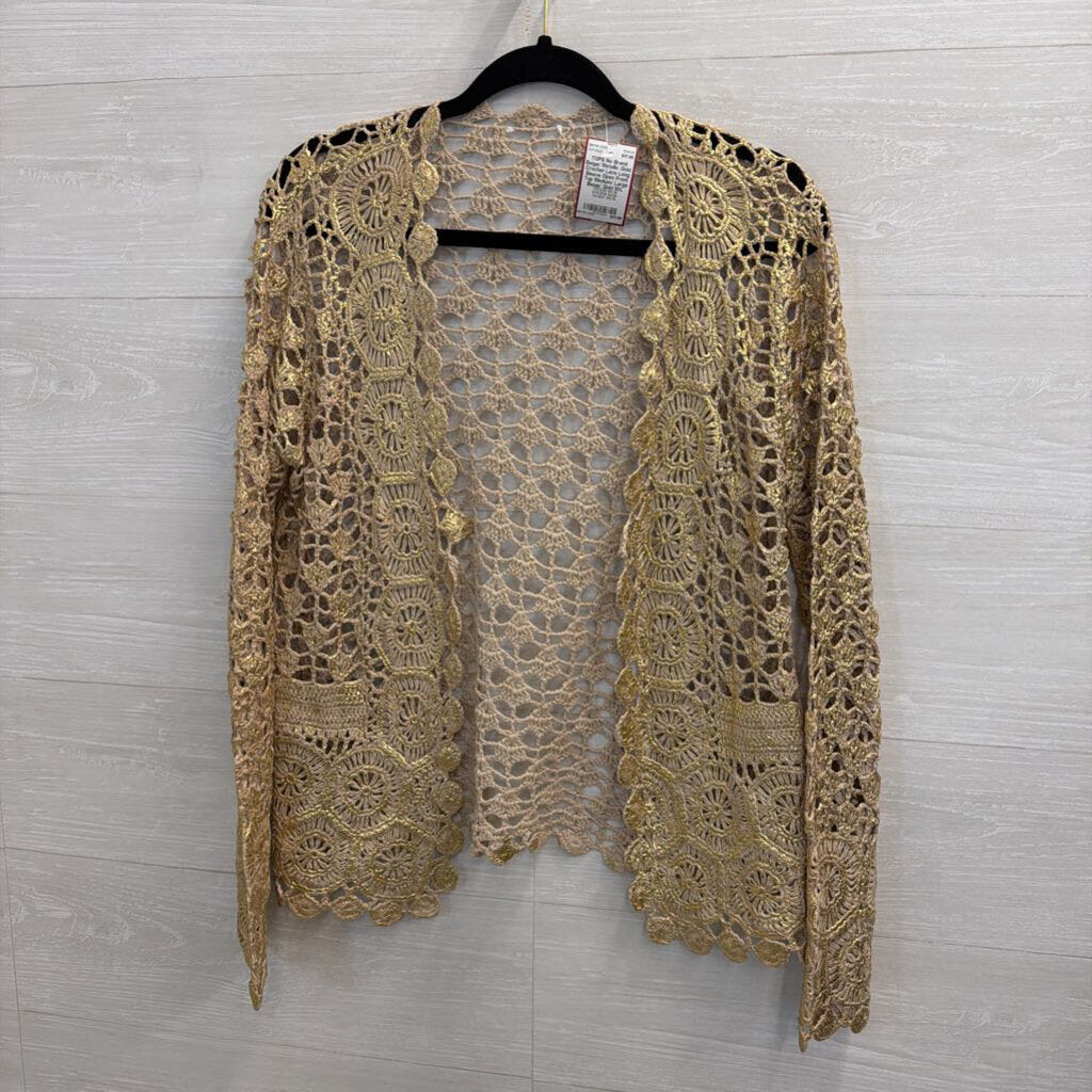 Beige/ Metallic Gold Crochet Lace Long Sleeve Open Front Top Medium/ Large