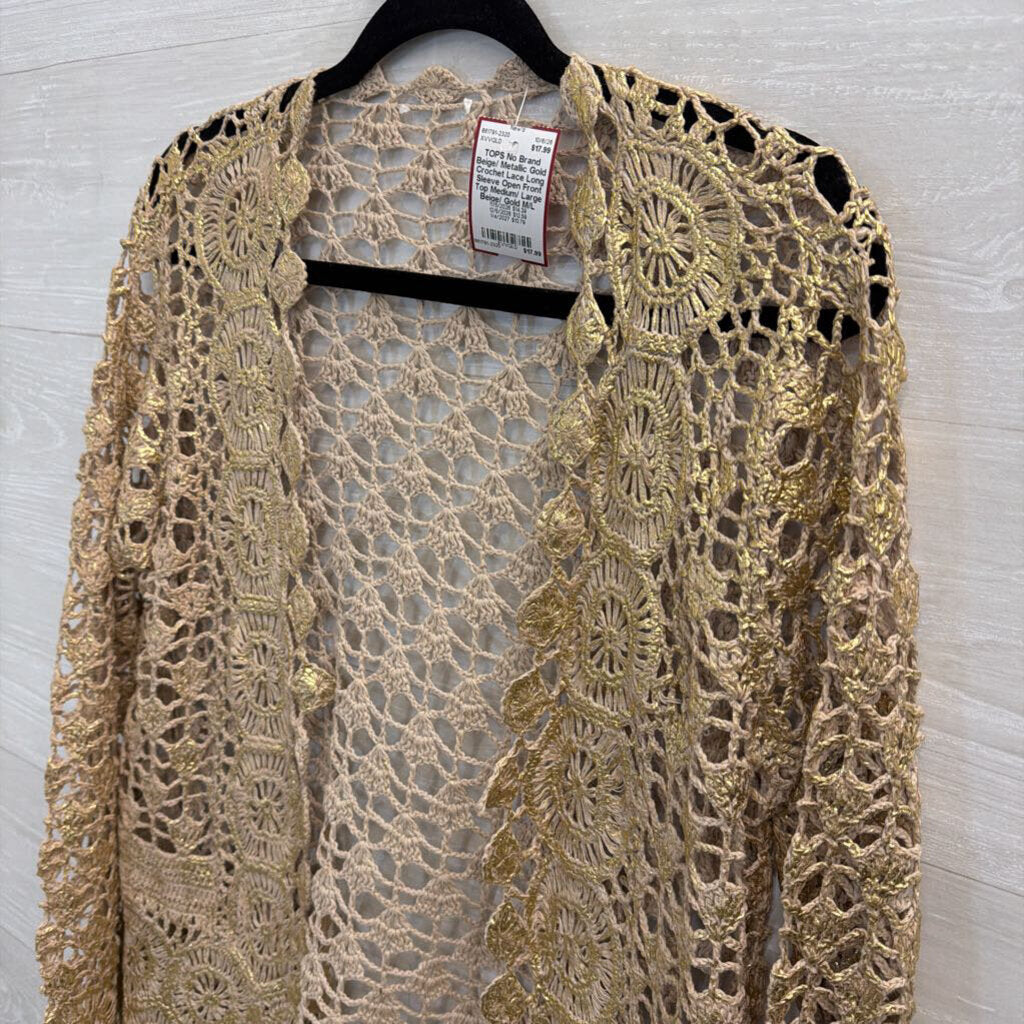 Beige/ Metallic Gold Crochet Lace Long Sleeve Open Front Top Medium/ Large