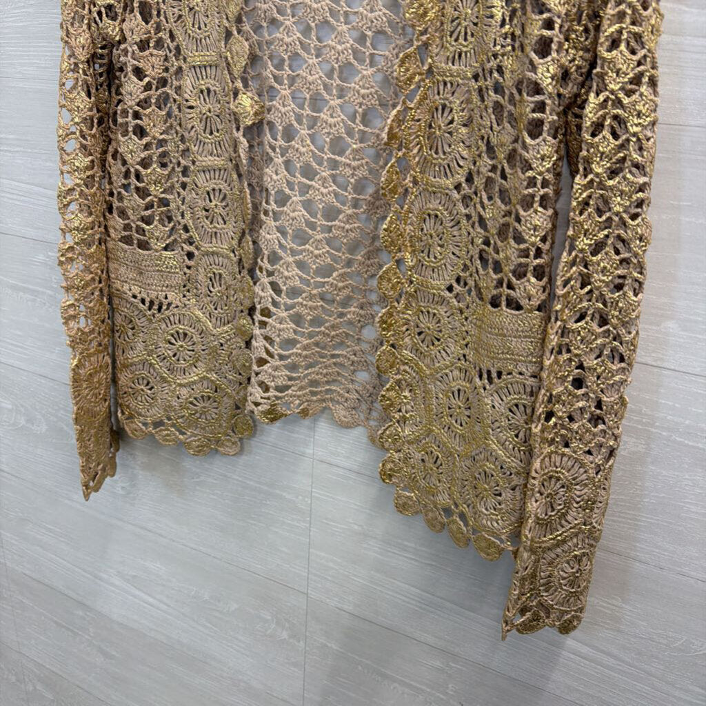 Beige/ Metallic Gold Crochet Lace Long Sleeve Open Front Top Medium/ Large