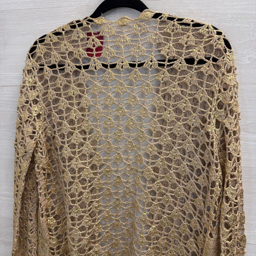 Beige/ Metallic Gold Crochet Lace Long Sleeve Open Front Top Medium/ Large