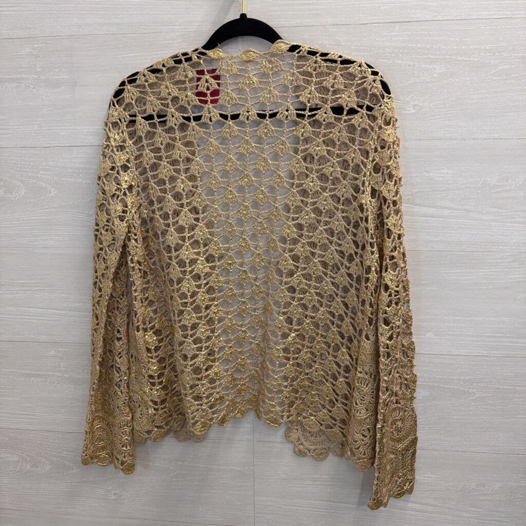 Beige/ Metallic Gold Crochet Lace Long Sleeve Open Front Top Medium/ Large