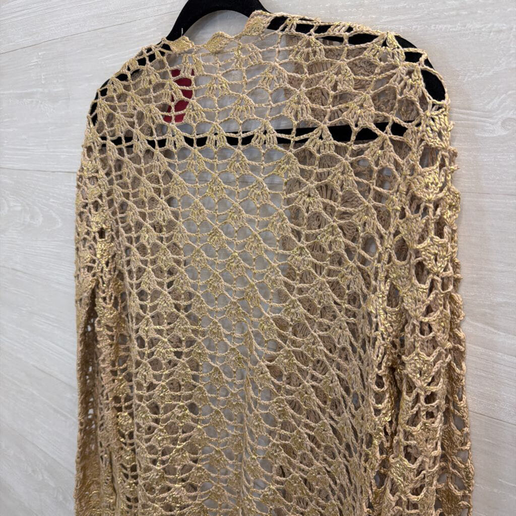 Beige/ Metallic Gold Crochet Lace Long Sleeve Open Front Top Medium/ Large