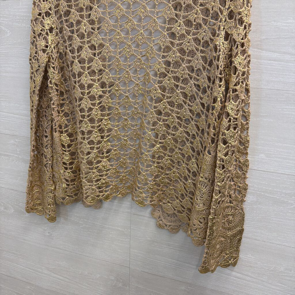 Beige/ Metallic Gold Crochet Lace Long Sleeve Open Front Top Medium/ Large