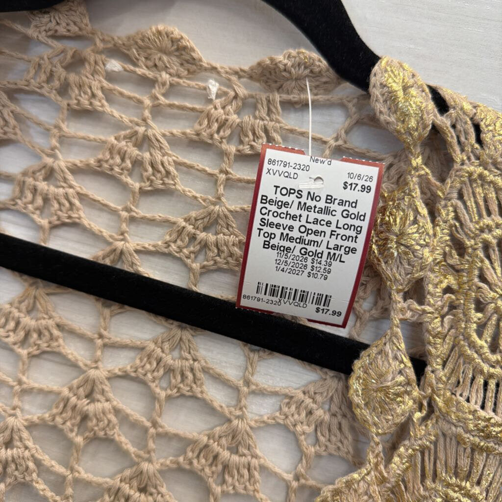 Beige/ Metallic Gold Crochet Lace Long Sleeve Open Front Top Medium/ Large