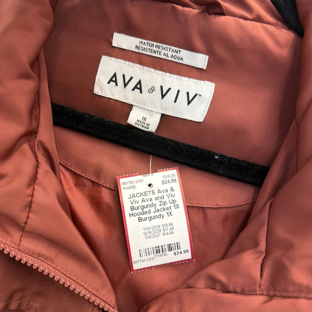 Ava and Viv Burgundy Zip Up Hooded Jacket 1X