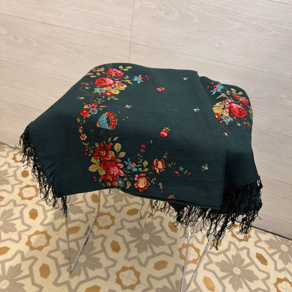 Dark Green/ Multi Floral Print Fringe Edge Large Scarf