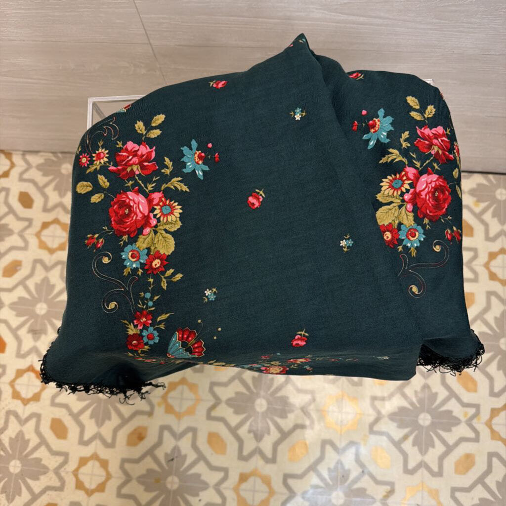 Dark Green/ Multi Floral Print Fringe Edge Large Scarf