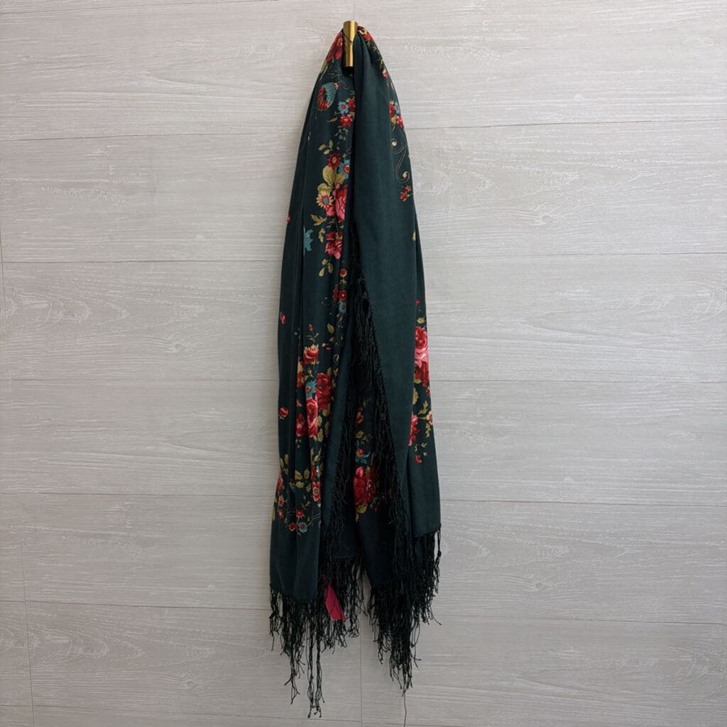 Dark Green/ Multi Floral Print Fringe Edge Large Scarf