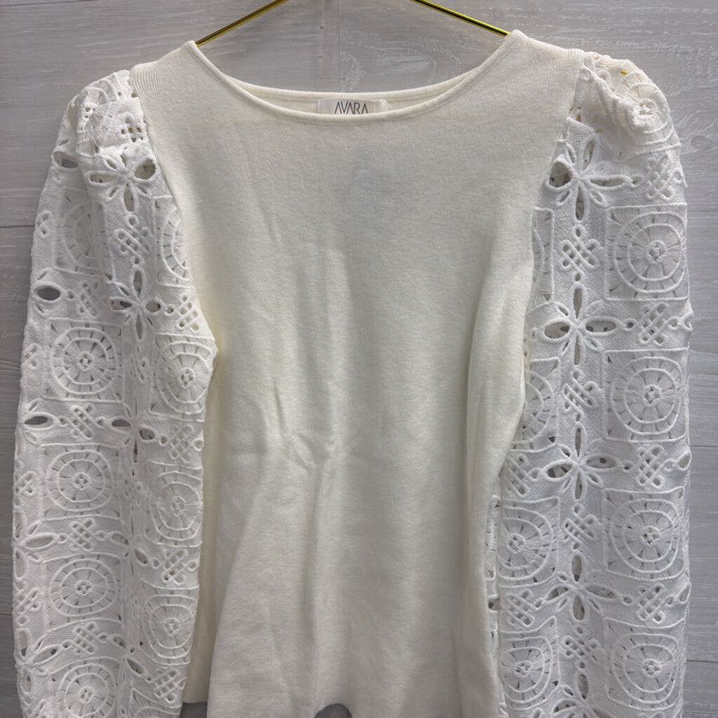 Avara White Eyelet Crochet Long Sleeve Top Extra Small