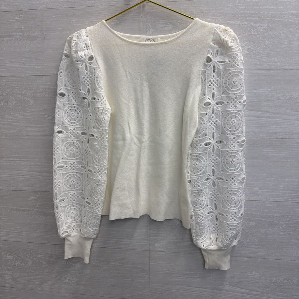 Avara White Eyelet Crochet Long Sleeve Top Extra Small