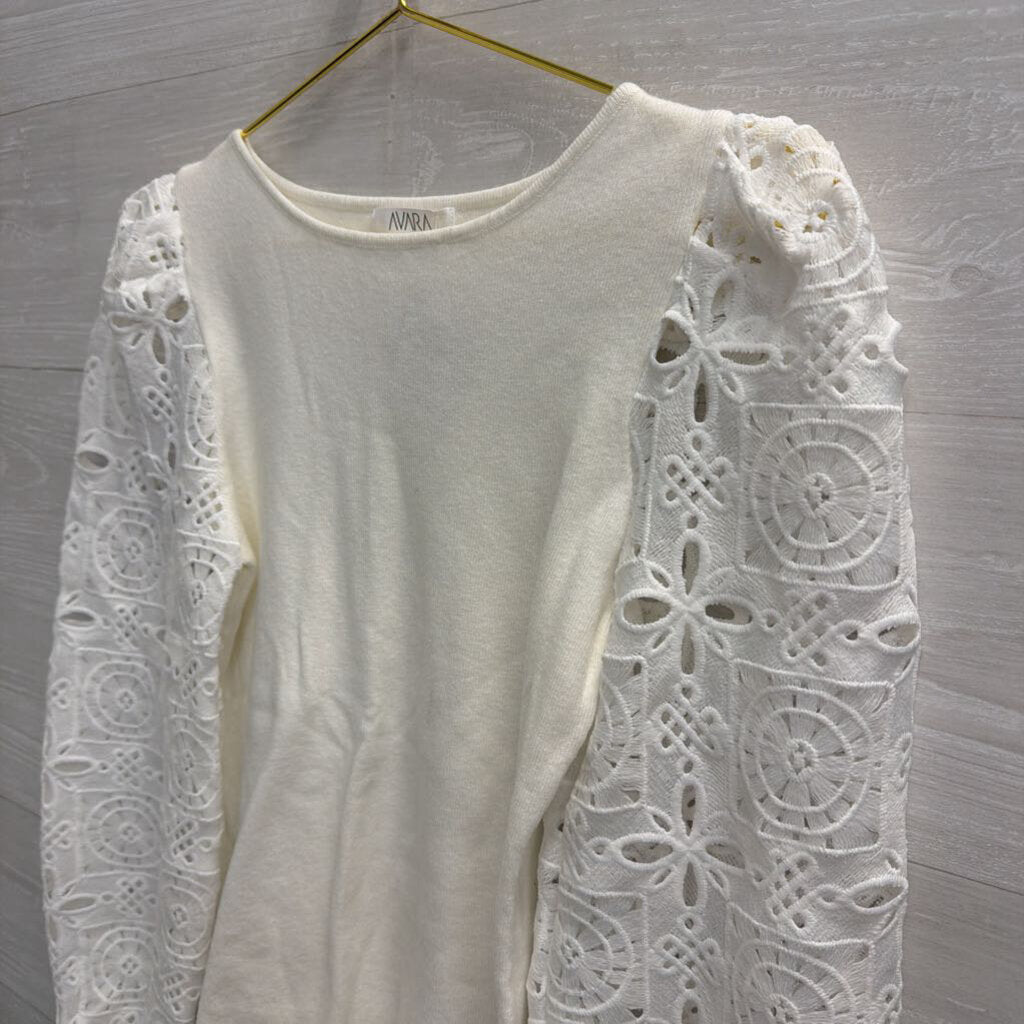 Avara White Eyelet Crochet Long Sleeve Top Extra Small