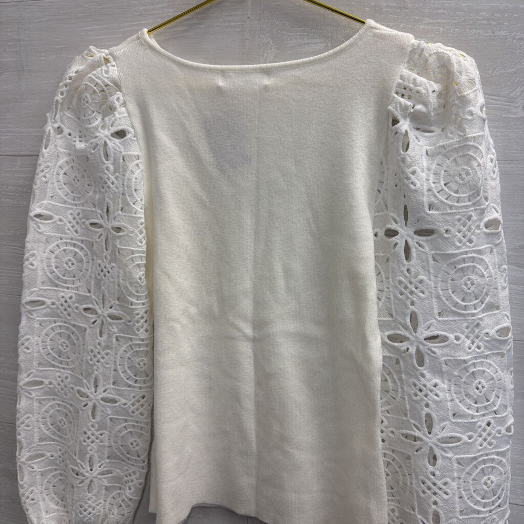 Avara White Eyelet Crochet Long Sleeve Top Extra Small