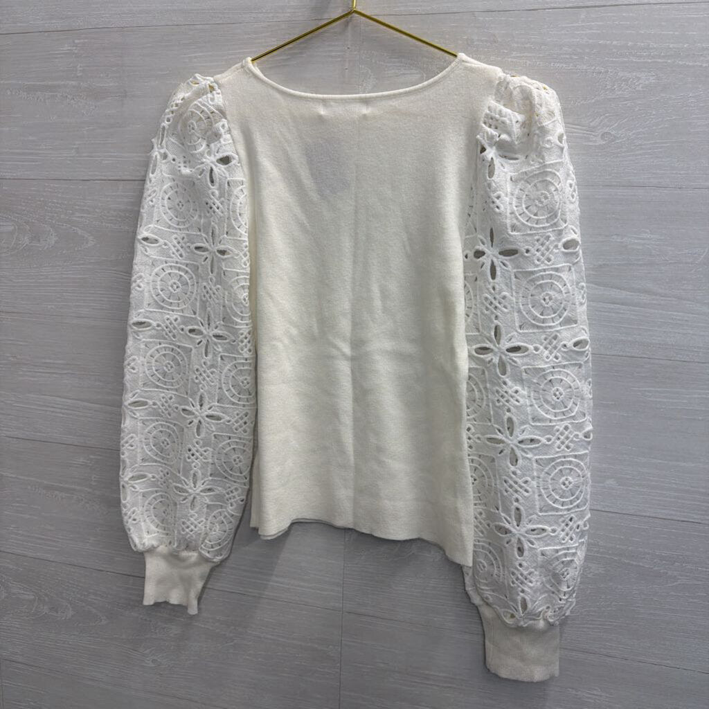 Avara White Eyelet Crochet Long Sleeve Top Extra Small