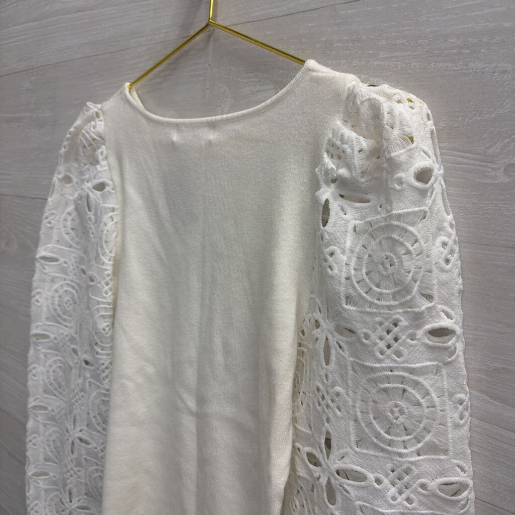Avara White Eyelet Crochet Long Sleeve Top Extra Small