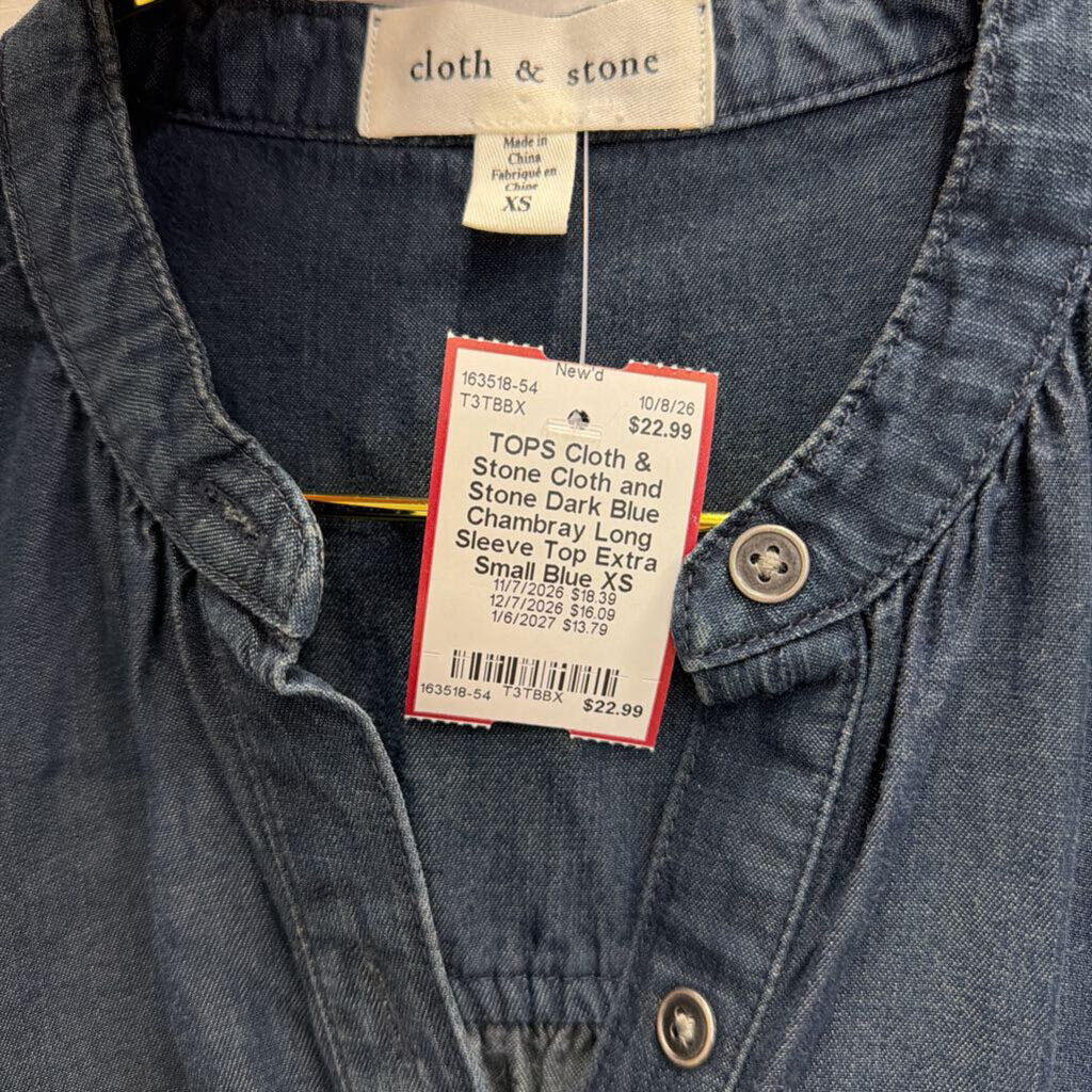 Cloth and Stone Dark Blue Chambray Long Sleeve Top Extra Small