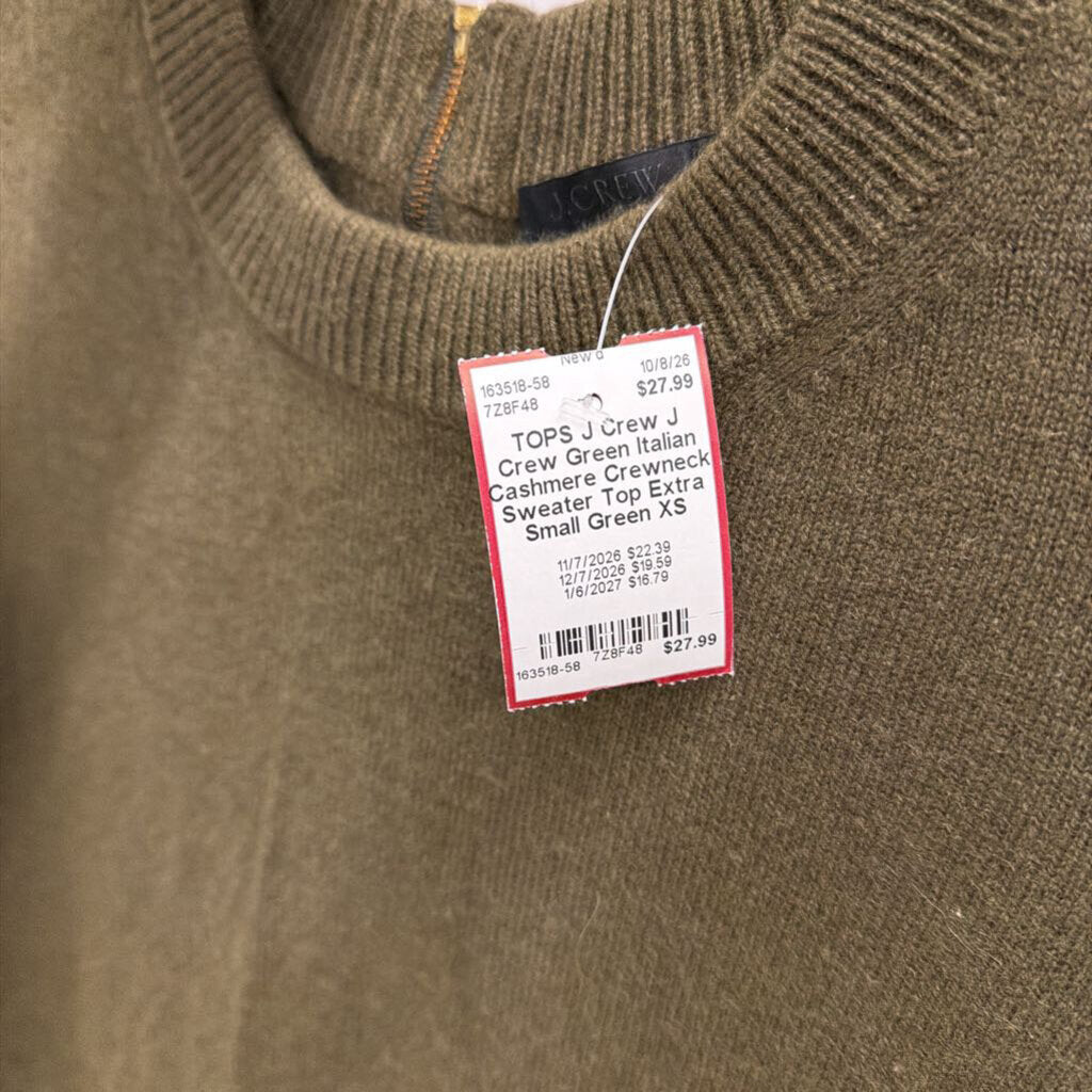 J Crew Green Italian Cashmere Crewneck Sweater Top Extra Small