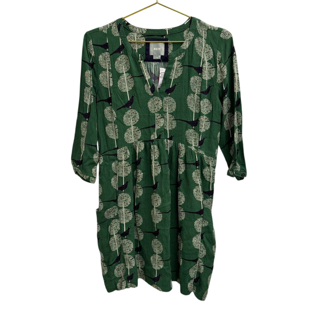 Maeve Green/ White Bird Print Long Sleeve Dress Extra Small