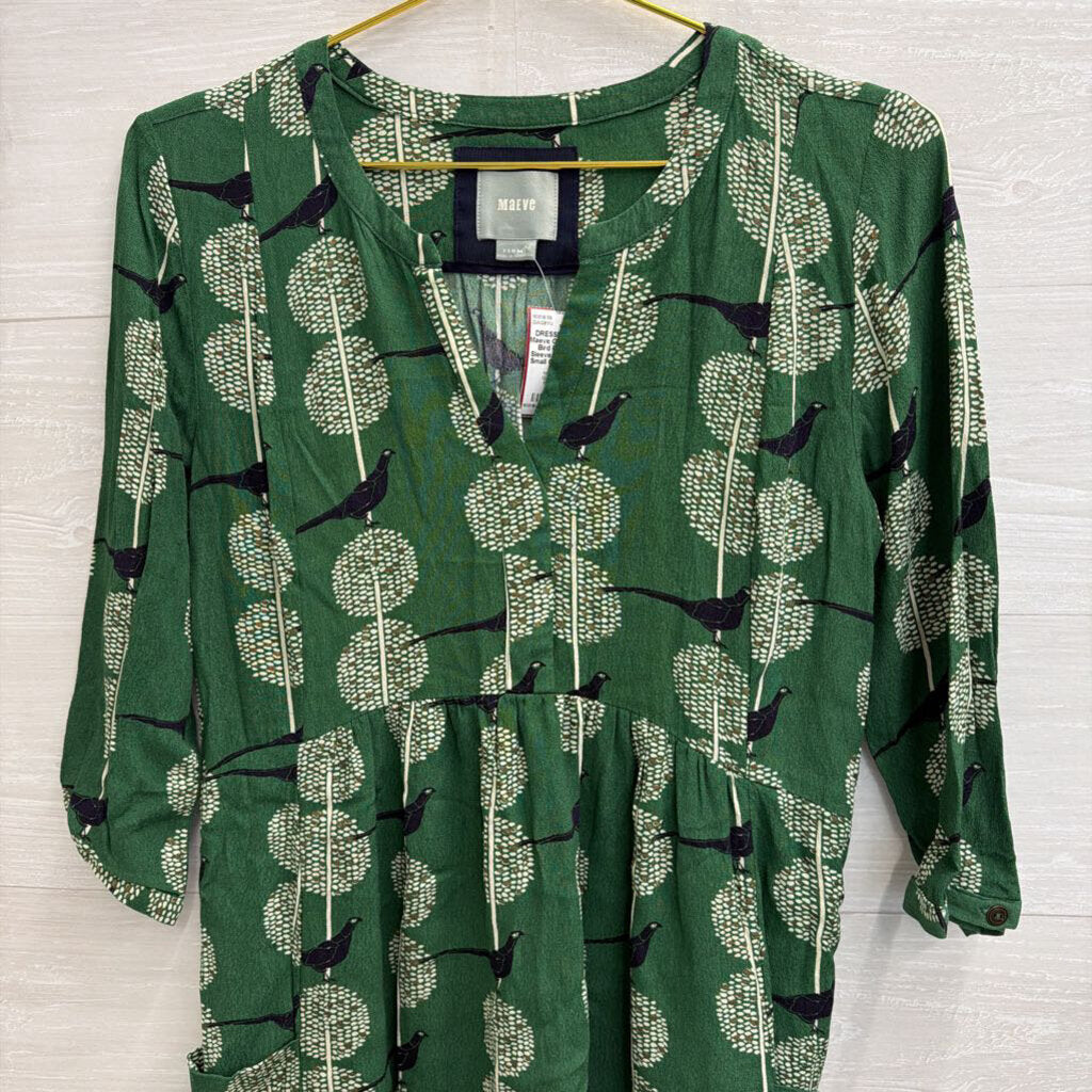 Maeve Green/ White Bird Print Long Sleeve Dress Extra Small