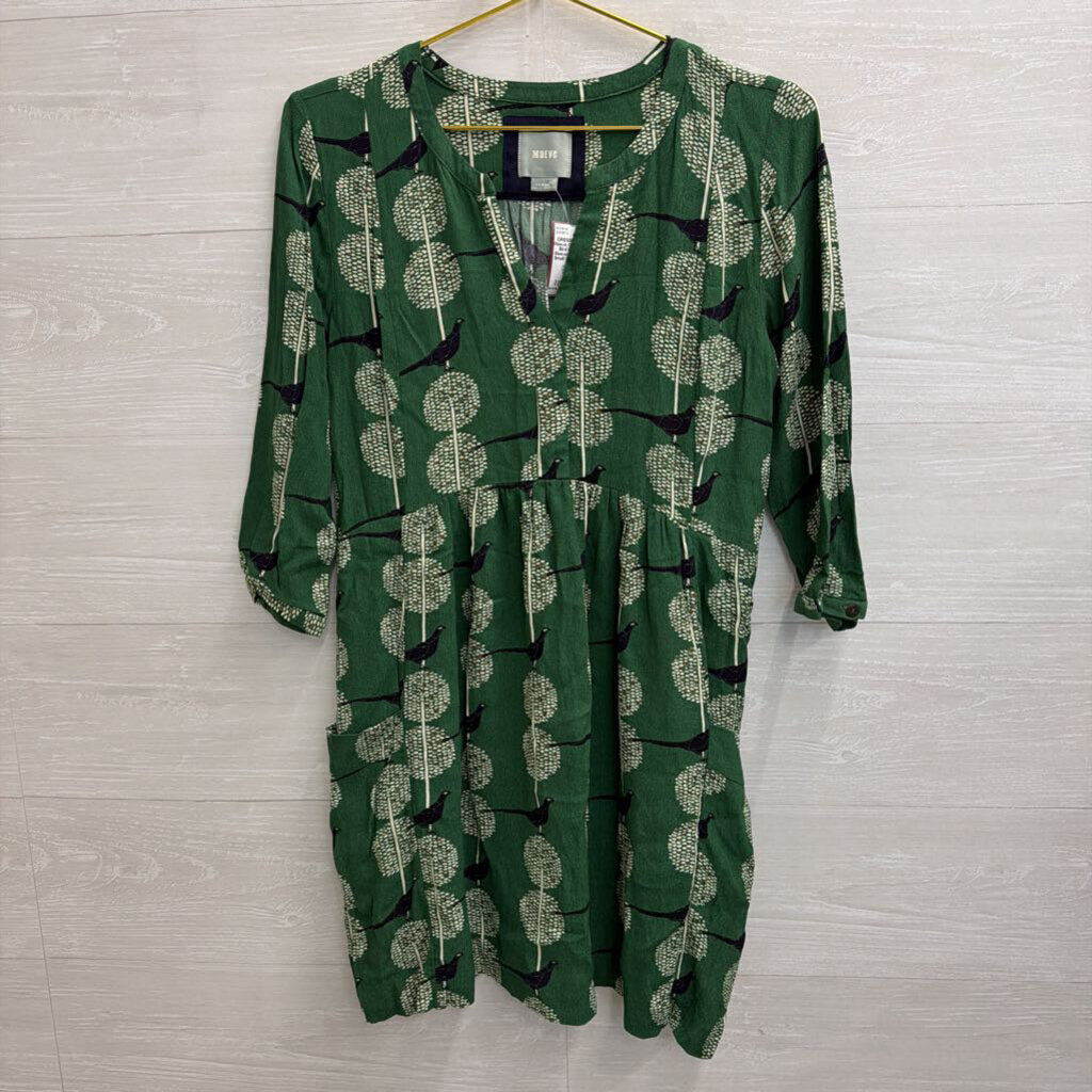 Maeve Green/ White Bird Print Long Sleeve Dress Extra Small