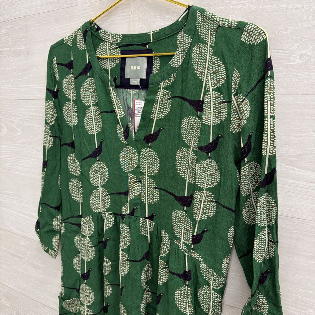 Maeve Green/ White Bird Print Long Sleeve Dress Extra Small