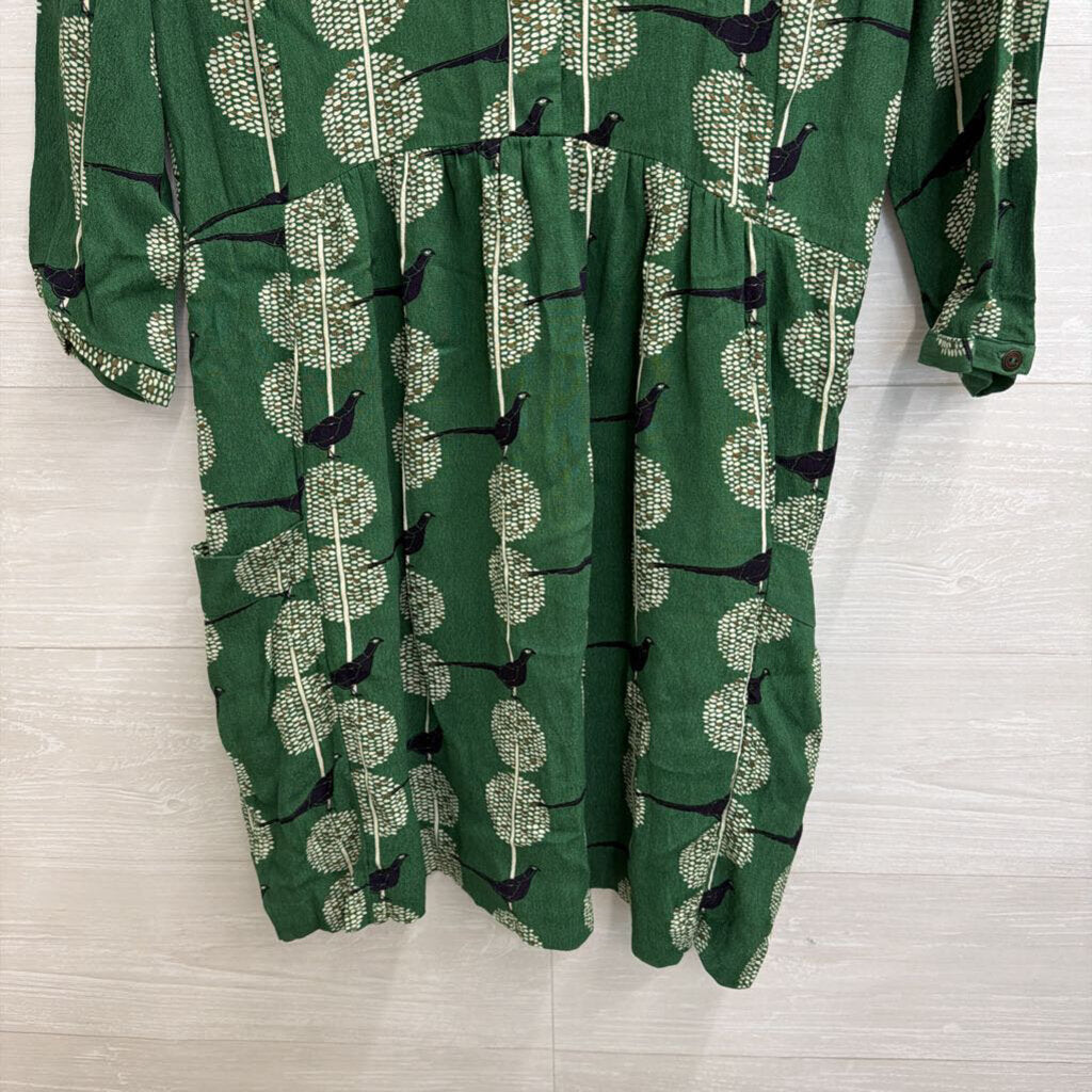 Maeve Green/ White Bird Print Long Sleeve Dress Extra Small