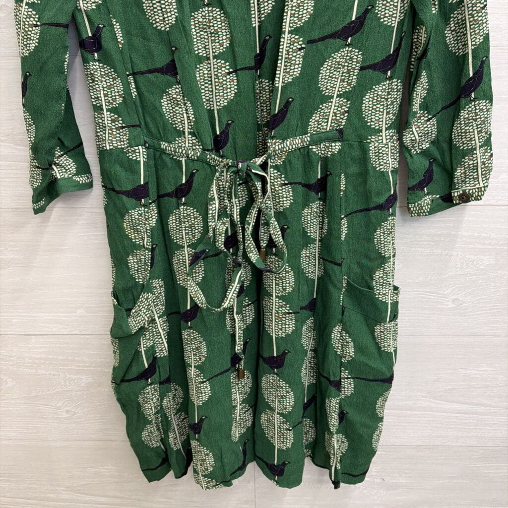 Maeve Green/ White Bird Print Long Sleeve Dress Extra Small
