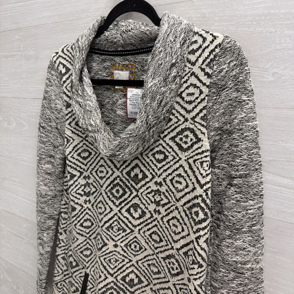 Anthropologie White/ Black Print Knit Long Sleeve Sweater Dress Small