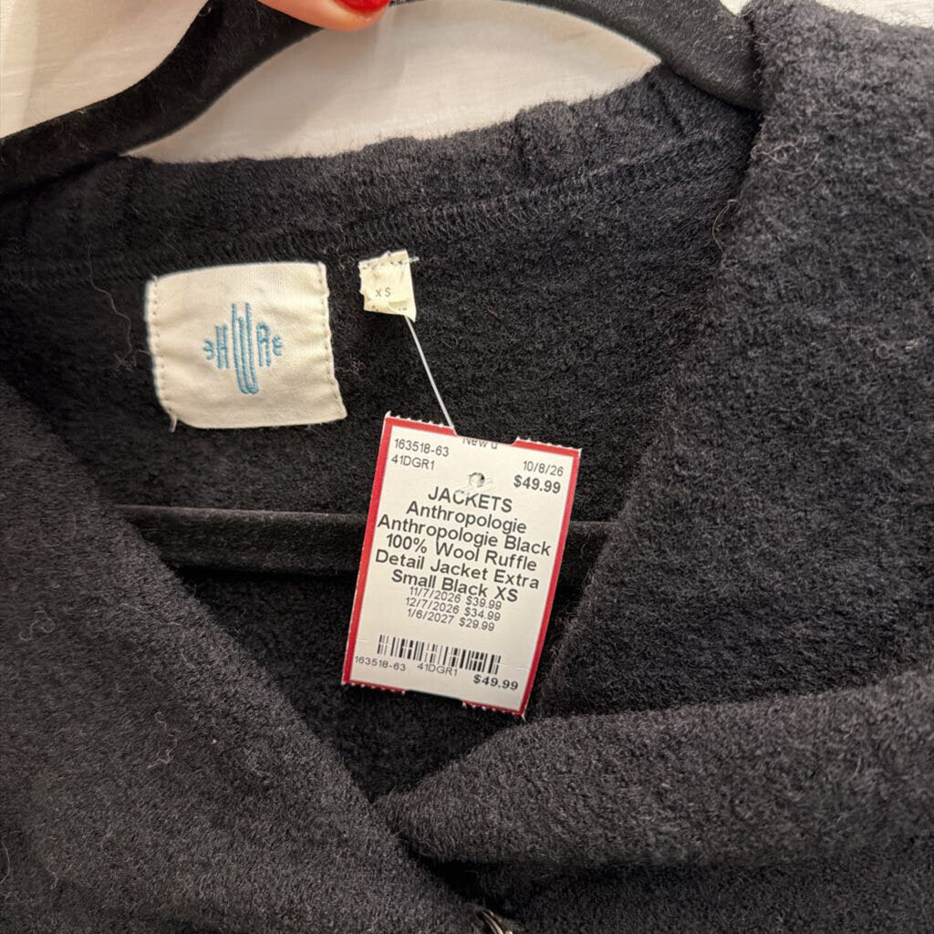 Anthropologie Black 100% Wool Ruffle Detail Jacket Extra Small