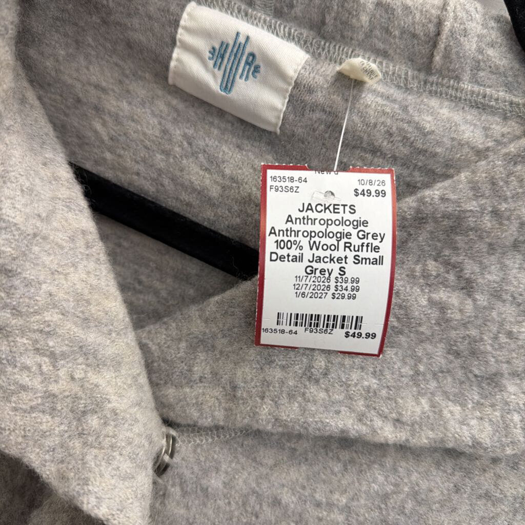 Anthropologie Grey 100% Wool Ruffle Detail Jacket Small