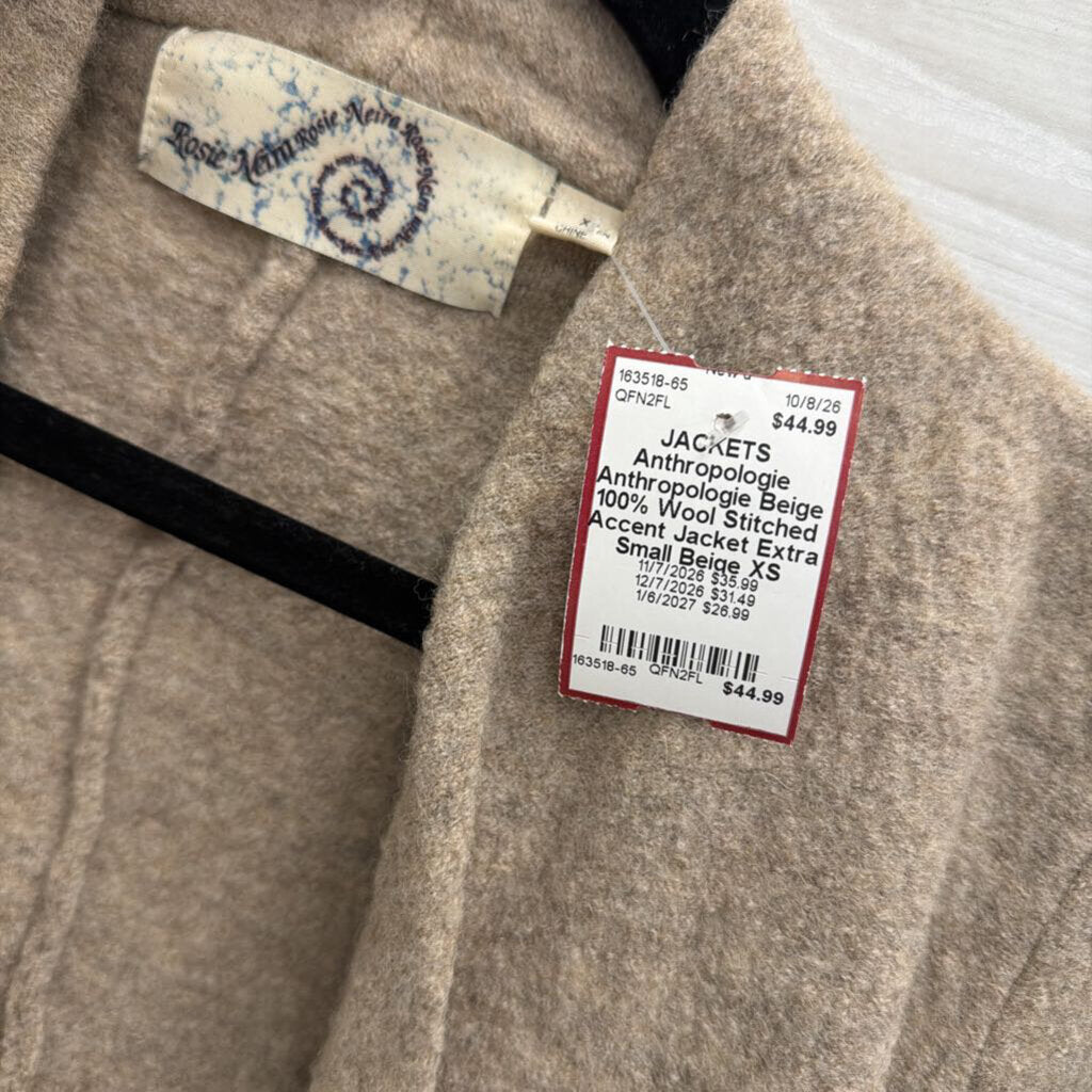 Anthropologie Beige 100% Wool Stitched Accent Jacket Extra Small
