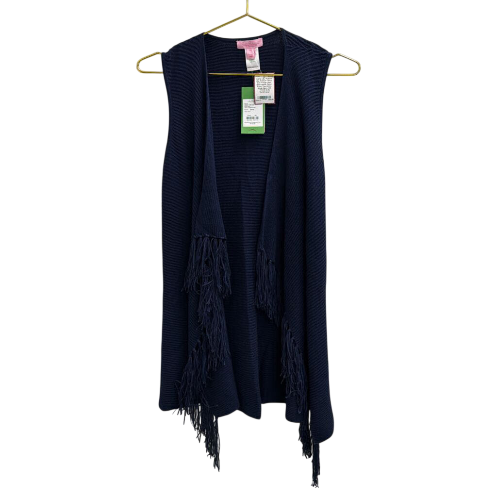 Lilly Pulitzer Navy Knit Fringe Hem Sleeveless Open Front Top Extra Small