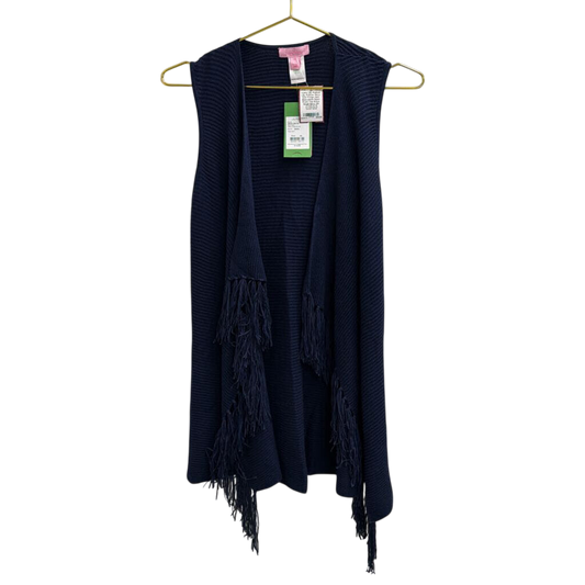 Lilly Pulitzer Navy Knit Fringe Hem Sleeveless Open Front Top Extra Small