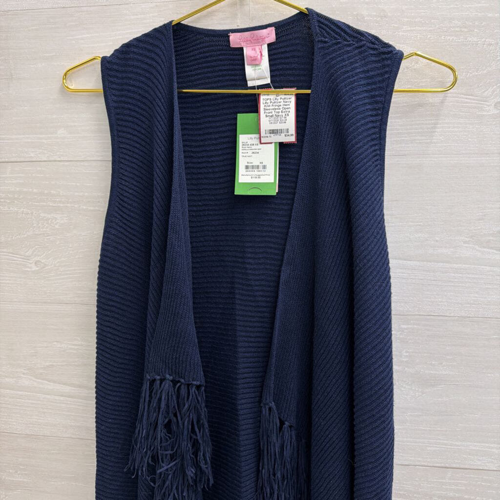 Lilly Pulitzer Navy Knit Fringe Hem Sleeveless Open Front Top Extra Small