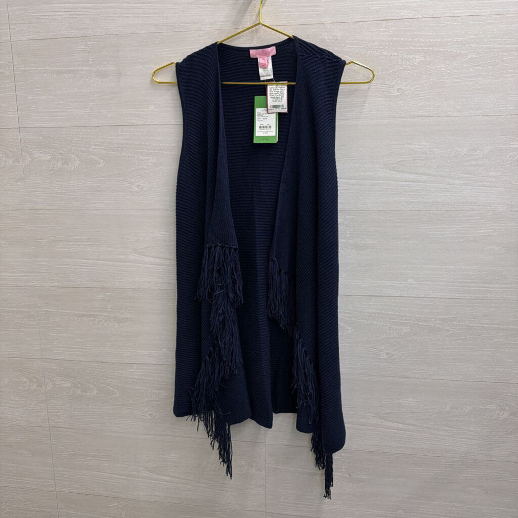 Lilly Pulitzer Navy Knit Fringe Hem Sleeveless Open Front Top Extra Small