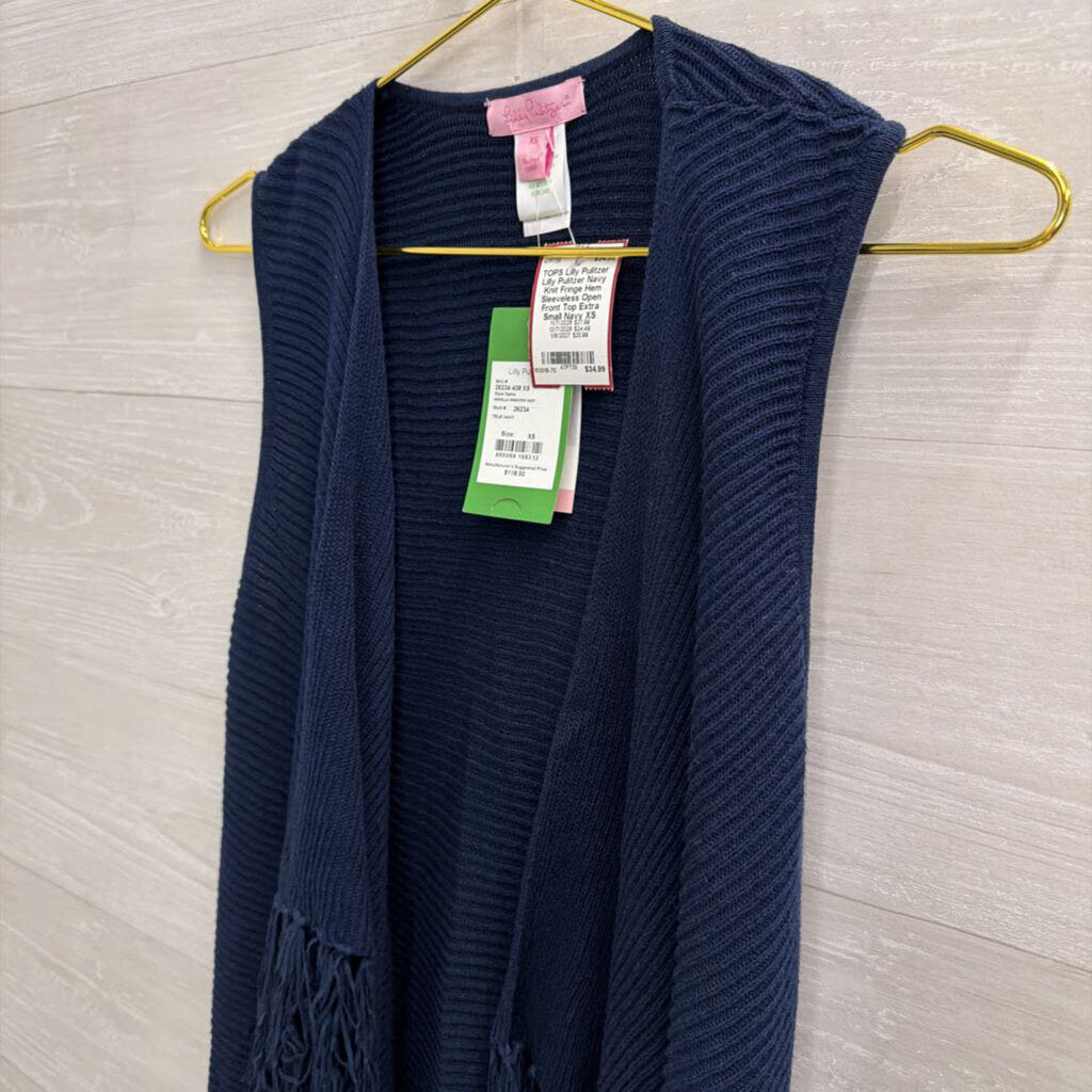 Lilly Pulitzer Navy Knit Fringe Hem Sleeveless Open Front Top Extra Small