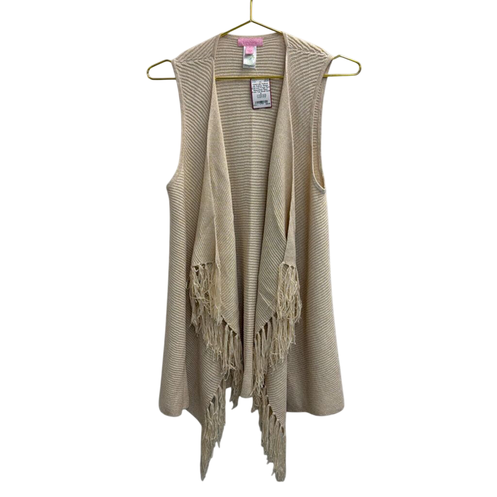 Lilly Pulitzer Beige/ Gold Knit Fringe Hem Sleeveless Open Front Top Small