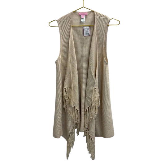 Lilly Pulitzer Beige/ Gold Knit Fringe Hem Sleeveless Open Front Top Small